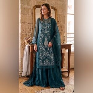Exquisite Teal Embroidered 3-Piece Organza Sharara Set - Size Small